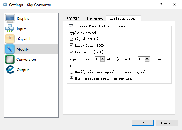 Configuration Window - Modify - Distress Squawk